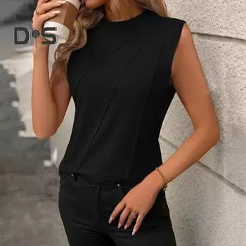 Летний женский жилет свободного кроя без рукавов с круглым вырезом, однотонный цвет, детали из дышащего материала XXL чёрный