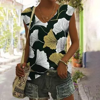 Летний женский жилет, свободный топ без рукавов, футболка с цветочным узором, модный V-образный вырез, короткий рукав, большой размер, повседневный жилет, женская одежда S