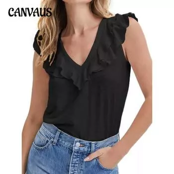 Летний женский жилет Y2K, футболка с v-образным вырезом и рюшами, летние топы без рукавов, рубашка S чёрный