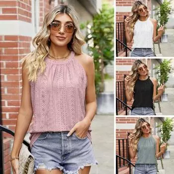 Летний жилет без рукавов с круглым вырезом, топы, дышащие отверстия, плиссированные свободные однотонные тонкие пуловеры, футболка, уличная одежда S чёрный