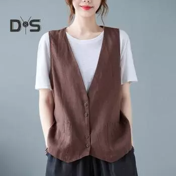 Летний жилет без рукавов с V-образным вырезом и карманами, однобортный однотонный свободный жилет, пальто для женщин, простая верхняя одежда, уличная одежда 2XL кофейный