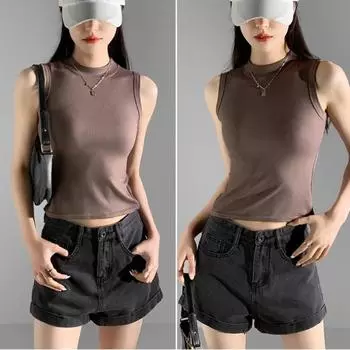 Летний жилет без рукавов, женский топ с круглым вырезом, нижняя рубашка с резьбой, женские повседневные однотонные топы на бретелях, сексуальная летняя верхняя одежда Y2k M чёрный