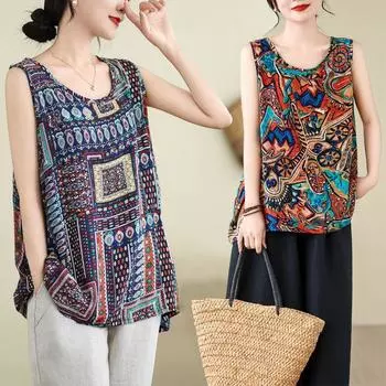 Летний жилет больших размеров из хлопка и шелка Ice Silk, свободная базовая рубашка для пожилых людей среднего возраста, топ с круглым вырезом, футболки для женщин L