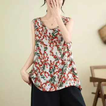 Летний жилет больших размеров из хлопка и шелка Ice Silk, свободная базовая рубашка для пожилых людей среднего возраста, топ с круглым вырезом, футболки для женщин L