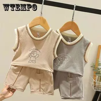 Летний жилет для мальчика, детские шорты без рукавов, Детская летняя одежда из двух предметов 120 хаки