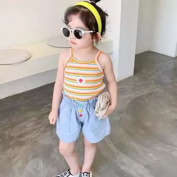 Летний жилет для маленьких девочек, милая рубашка в радужную полоску без рукавов, модная футболка для девочек M розовый