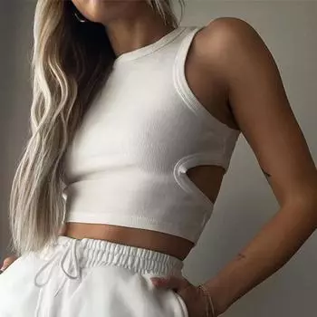 Летний жилет для офиса, женский короткий ажурный топ без рукавов для женщин, модные однотонные элегантные облегающие майки, майки, женская одежда 24083 S чёрный