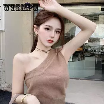 Летний жилет на подтяжках Design Sense Короткий вязаный топ в чистом сексуальном женском платье с открытыми плечами для горячих девушек S серый