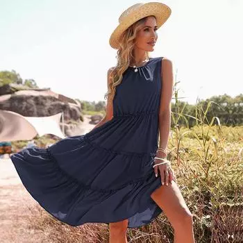 Летний жилет, однотонный, плиссированный, грибовидный край, повседневные платья для отпуска S хаки