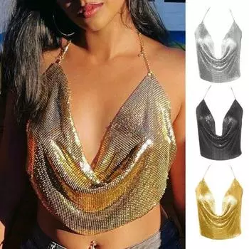 Летний жилет с глубоким v-образным вырезом без рукавов с открытыми плечами и открытым пупком, дышащая женская металлическая текстура, сексуальный топ с бретелькой на бретельках с низким вырезом, поставка для свиданий золотистый