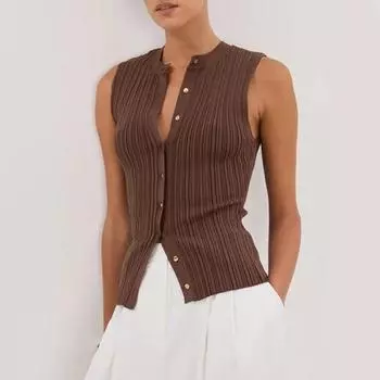 Летний жилет с V-образным вырезом, без рукавов, однобортный дизайн, топы с мятым декором, топы обычного кроя M кофейный