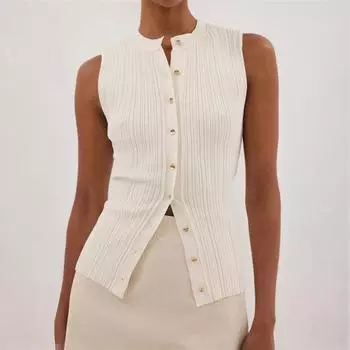 Летний жилет с V-образным вырезом, без рукавов, однобортный дизайн, топы с мятым декором, топы обычного кроя M кофейный