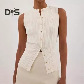 Летний жилет с V-образным вырезом, без рукавов, однобортный дизайн, топы с мятым декором, топы обычного кроя L кофейный