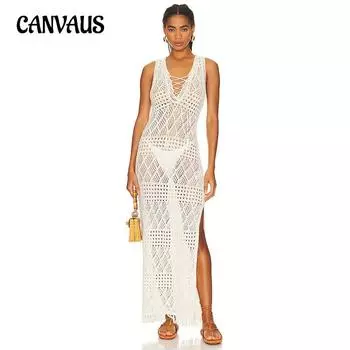 Летний жилет, вязаное сексуальное платье с v-образным вырезом, темпераментное свободное пляжное платье без рукавов One Size белый