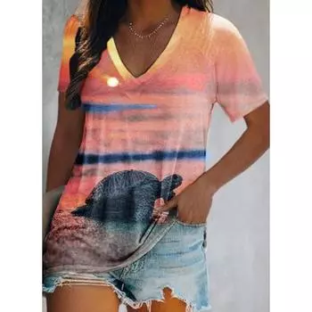 Летняя 3D-печатная футболка с V-образным вырезом, удобная повседневная женская футболка S