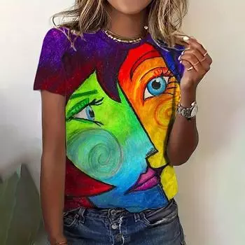 Летняя абстрактная футболка с 3D-принтом для женщин, футболки с коротким рукавом, уличная одежда Harajuku, большие топы Y2k, одежда для девочек S