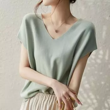 Летняя ацетатная фиолетовая однотонная футболка с рукавом «летучая мышь» из тонкого ледяного шелка, модные облегающие трикотажные футболки с V-образным вырезом one size темно-синий