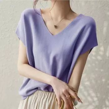 Летняя ацетатная фиолетовая однотонная футболка с рукавом «летучая мышь» из тонкого ледяного шелка, модные облегающие трикотажные футболки с V-образным вырезом one size темно-синий