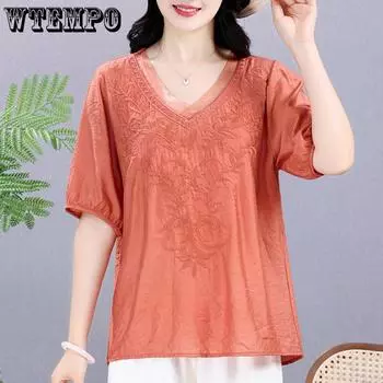 Летняя эластичная футболка из однотонного хлопка, женская одежда из конопли, с коротким рукавом, v-образным вырезом, большие размеры, свободные универсальные топы в стиле ретро с вышивкой M фиолетовый