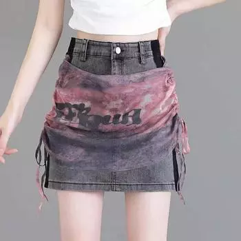Летняя элегантная джинсовая короткая юбка женская кружевная сшивка с высокой талией джинсовые юбки винтажная y2k корейская мода уличная одежда стиль шик S серый