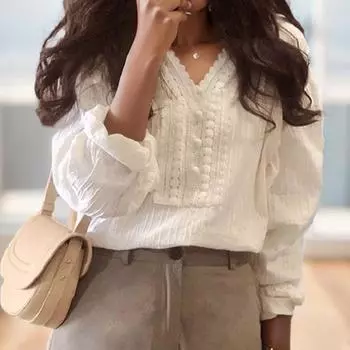 Летняя элегантная кружевная блузка с V-образным вырезом, модная женская новая свободная повседневная рубашка с длинным рукавом, женские офисные весенние топы больших размеров 3047 S белый