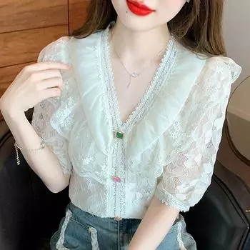 Летняя элегантная кружевная шифоновая блузка и рубашка для женщин 2023, повседневный топ с короткими рукавами и рюшами, милая женская свободная рубашка на пуговицах 27045 S абрикосовый
