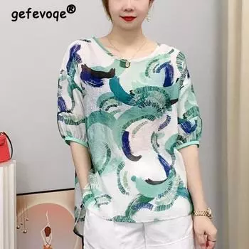 Летняя элегантная модная рубашка с цветочным принтом для женщин, короткий рукав, шнуровка, универсальный пуловер, блузка, женский свободный топ L синий