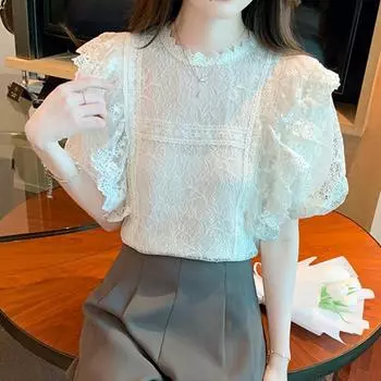 Летняя элегантная повседневная кружевная блузка с сращиванием для женщин, модная винтажная рубашка с пышными рукавами, женские топы, облегающие простые женские блузки с круглым вырезом 24451 S абрикосовый