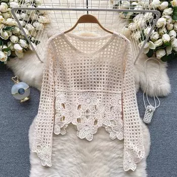 Летняя элегантная праздничная блузка с вырезом, женская рубашка с круглым вырезом и длинными рукавами, рубашка с вышивкой, однотонная клетчатая прозрачная рубашка с цветочным принтом, сексуальные топы для пляжной вечеринки One Size абрикосовый