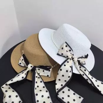 Летняя элегантная шляпа с козырьком в горошек и жемчужинами, с плоским верхом, французская шляпа Hepburn travel small fresh hat M56-58cm белый