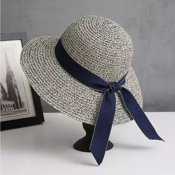 Летняя элегантная соломенная шляпа с плетением из травы, разноцветная, женская, армейского зеленого цвета, солнцезащитная шляпа с бантом, пляжная шляпа рыбака, шляпа-тазик M56-58cm темно-синий