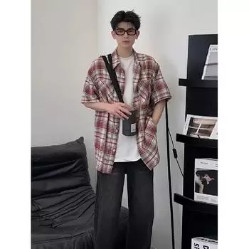 Летняя американская ретро-парная рубашка свободного покроя с длинными рукавами в клетку для мужчин и женщин, уличная куртка M красный