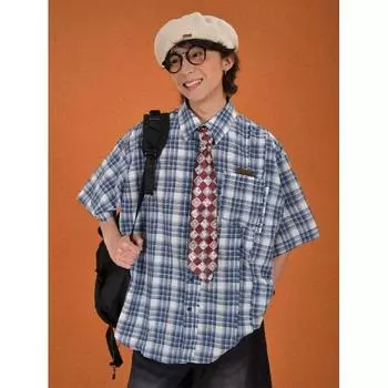 Летняя американская ретро-парная рубашка свободного покроя с длинными рукавами в клетку для мужчин и женщин, уличная куртка M синий