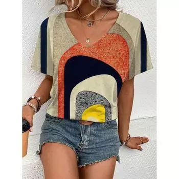 Летняя энергичная уличная высококачественная женская футболка с короткими рукавами и минималистичным геометрическим рисунком и V-образным вырезом S