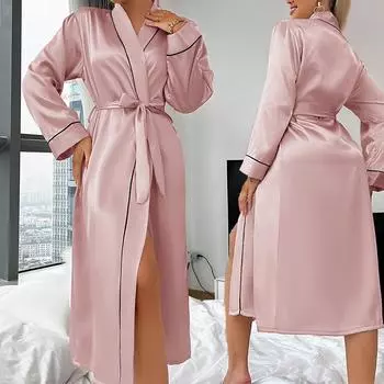 Летняя атласная ночная рубашка, сексуальный женский халат с длинными рукавами, ночная рубашка XL чёрный