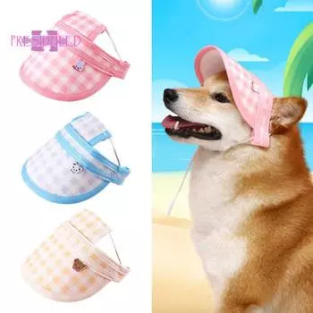 Летняя бейсболка с принтом в клетку для собак и ветрозащитным ремнем, мягкая пряжка, регулируемая, без бондажа, пустой верхний оттенок, моющаяся кепка для домашних животных, головной убор для домашних животных розовый
