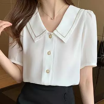 Летняя белая блузка с коротким рукавом, рубашка, женские топы, модная женская рубашка с кукольным воротником J163 S белый
