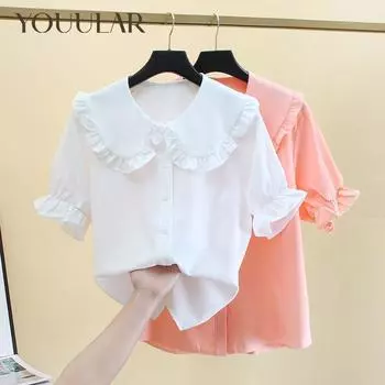 Летняя белая футболка с короткими рукавами для девочек, шифоновая детская кружевная блузка с лацканами для подростков, школьная одежда для детей, топы 120