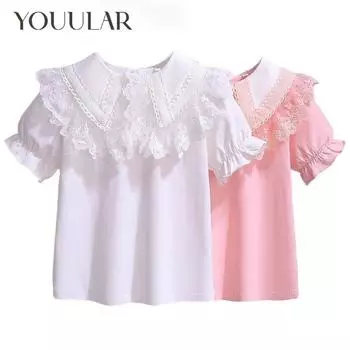 Летняя белая футболка с короткими рукавами для девочек, новинка 2022 года, хлопковая детская кружевная блузка с лацканами для подростков, школьная одежда для детей, топы для детей от 3 до 12 лет