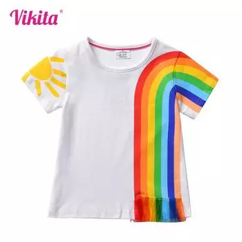 Летняя белая футболка VIKITA для девочек с коротким рукавом, детские футболки с радужным принтом для девочек, повседневные топы из хлопка с круглым вырезом для детей 100CM