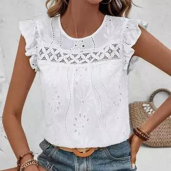 Летняя белая кружевная рубашка с круглым вырезом и оборками, женская свободная повседневная модная универсальная футболка-пуловер, женская футболка без рукавов S белый