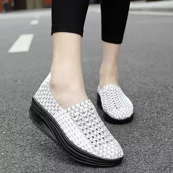 Летняя белая пляжная обувь с оплеткой, женские повседневные тканые лоферы без шнуровки на танкетке и толстой подошве на платформе 35 белый