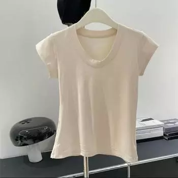 Летняя белая приталенная повседневная футболка с коротким рукавом, женские тонкие офисные женские футболки с U-образным вырезом, элегантные однотонные простые футболки, женская одежда 24226 One Size белый