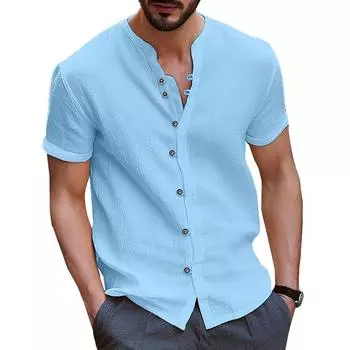 Летняя белая рубашка, мужские хлопковые льняные топы, мужские рубашки с короткими рукавами и пуговицами, однотонные синие, черные рубашки XXXL светло-синий