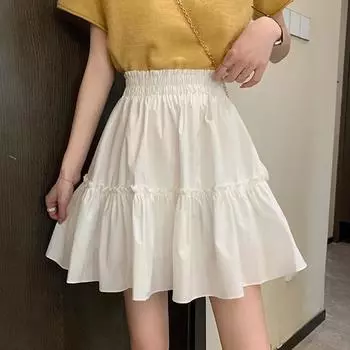 Летняя белая юбка А-силуэта 2025 года с эластичной талией - элегантный сказочный дизайн, закрывающий бедра, для женщин S чёрный