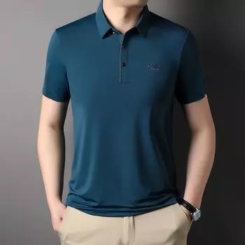 Летняя бесшовная футболка с короткими рукавами и лацканами из ледяного шелка, мужская деловая повседневная эластичная рубашка-поло с принтом, мужская одежда M