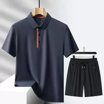 Летняя бесшовная рубашка-поло из ледяного шелка с коротким рукавом + шорты из ледяного шелка, мужской повседневный спортивный комплект из двух предметов M белый