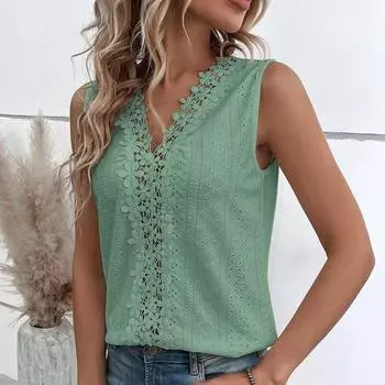 Летняя блузка без рукавов, женская блузка с v-образным вырезом, сексуальные модные полые кружевные женские рубашки, повседневные винтажные элегантные топы, одежда 25894 S фиолетовый