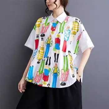 Летняя блузка больших размеров в винтажном ретро-дизайне с коротким рукавом и принтом, повседневная рубашка для женщин, свободная рубашка с принтом One Size синий