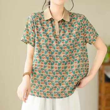 Летняя блузка для мамы, рубашка с короткими рукавами с лацканами и цветочным принтом, тонкая женская рубашка среднего возраста, женский свободный топ в стиле пэчворк M красный